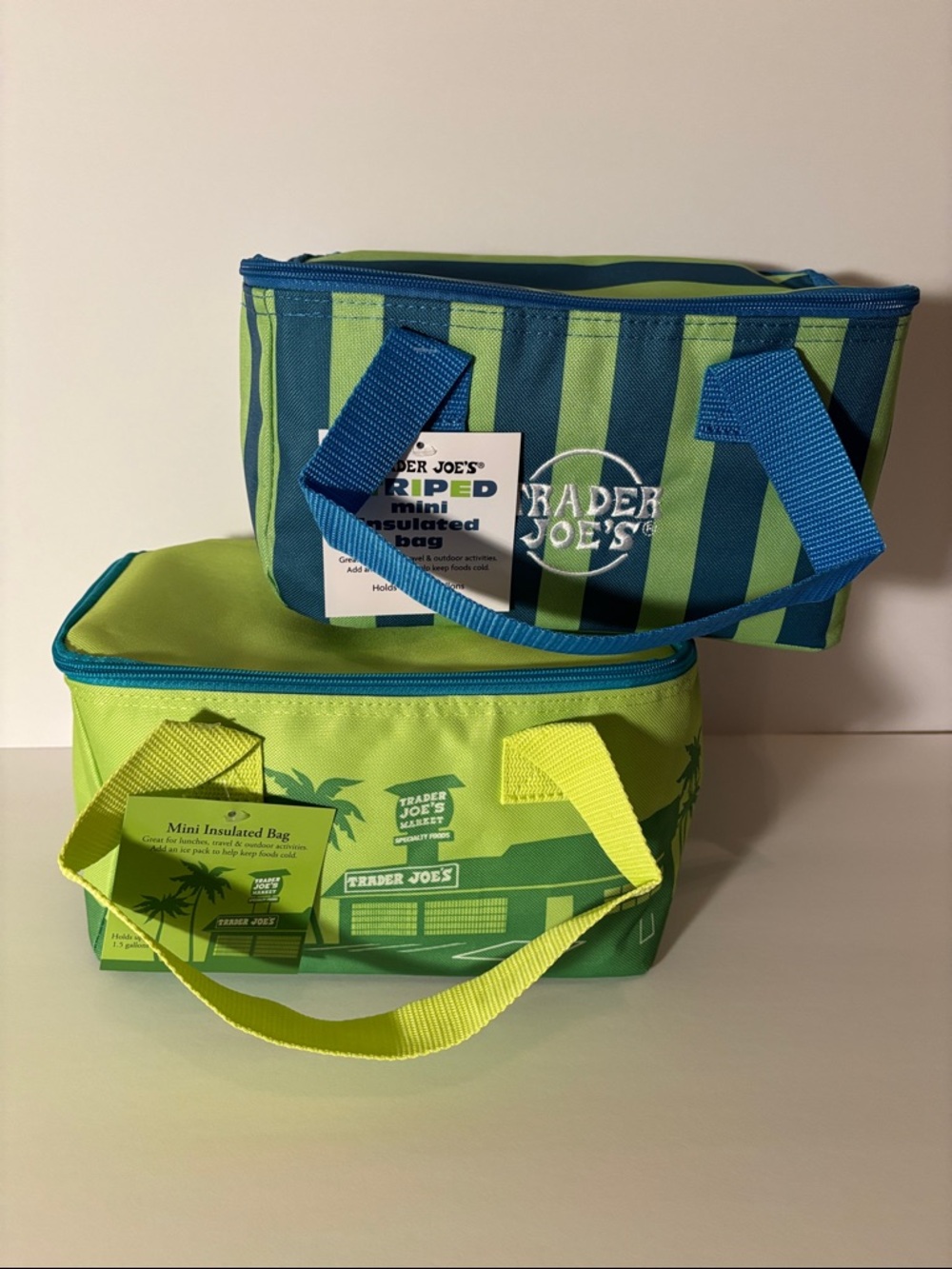 Set of Two —Trader Joe's Green Blue Stripe and Green Insulated Mini Tote Bags